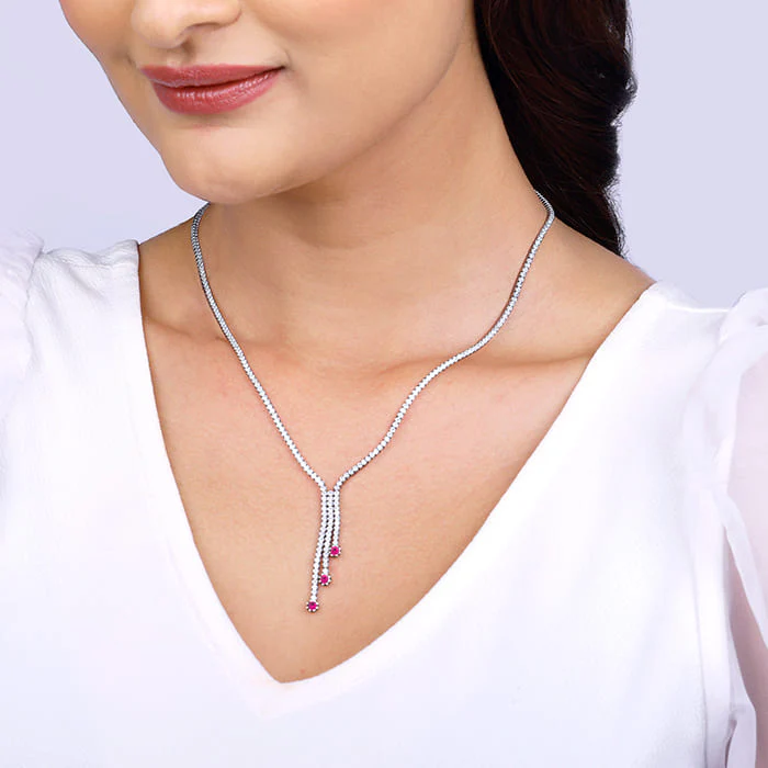 Silver Pink Lariat Necklace - Image 3