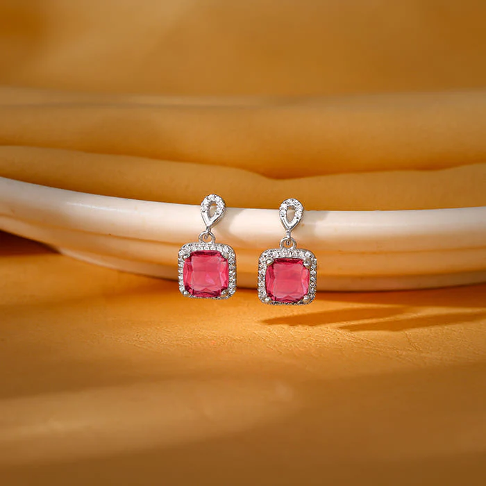 Silver Pink Square Earrings - Image 2