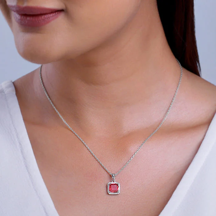 Silver Pink Square Pendant With Link Chain - Image 3
