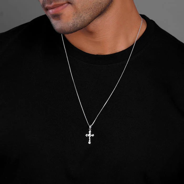 Silver Striped Cross Pendant with Box Chain For Him - Image 3