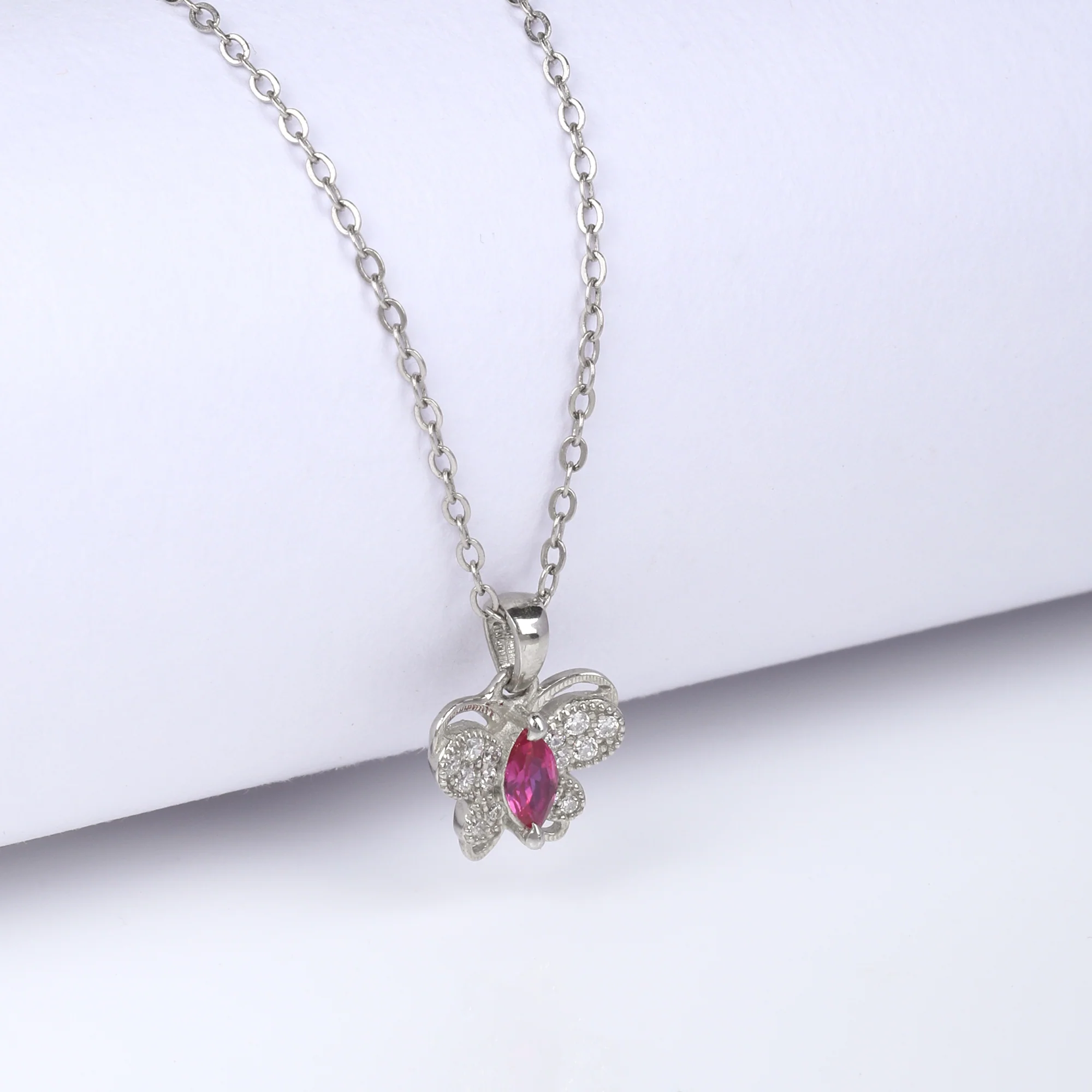 Silver Pop Pink Studded Butterfly Pendant With Link Chain - Image 2