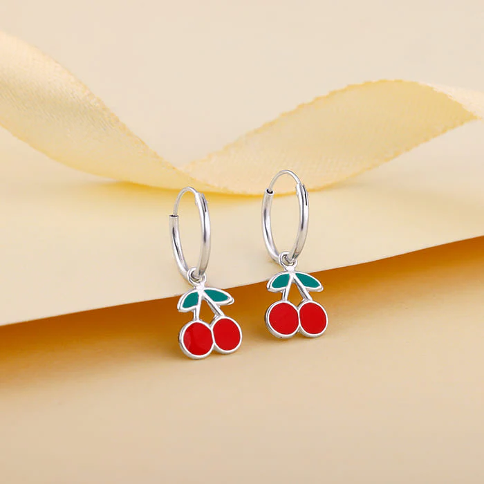 Silver Red Cherry Kids Hoop Earrings (4-12 yrs) - Image 2