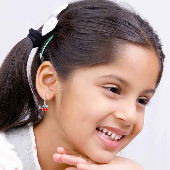 Silver Red Cherry Kids Hoop Earrings (4-12 yrs) - Image 3