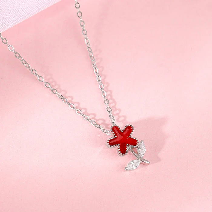 Silver Red Flower Kids Pendant With Link Chain - Image 2