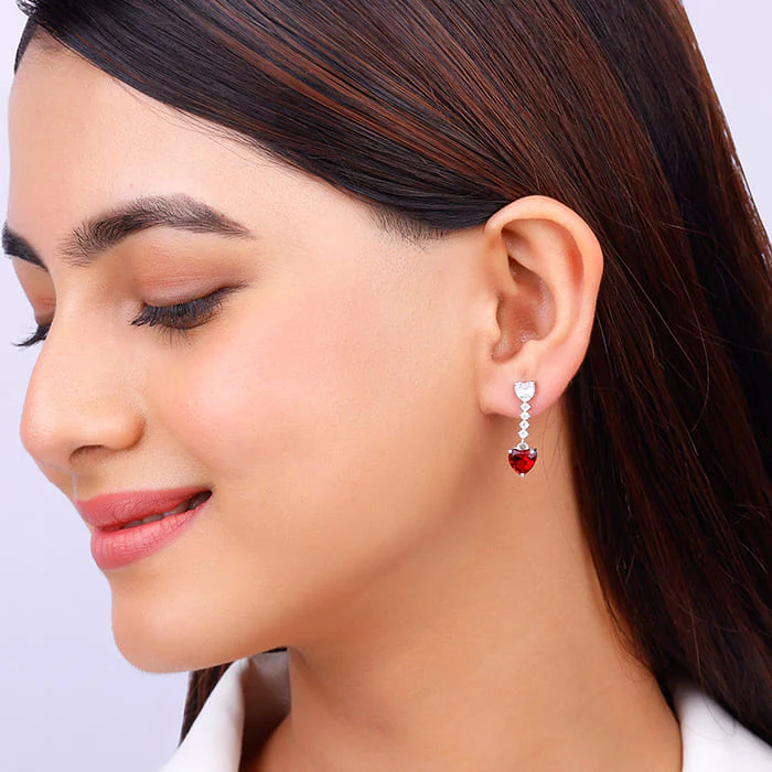 Silver Red Heart Dangler Earrings - Image 3
