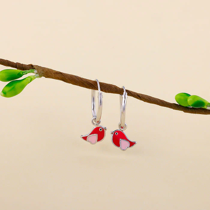 Silver Rosy Bird Kids Hoop Earrings (4-12 yrs) - Image 2