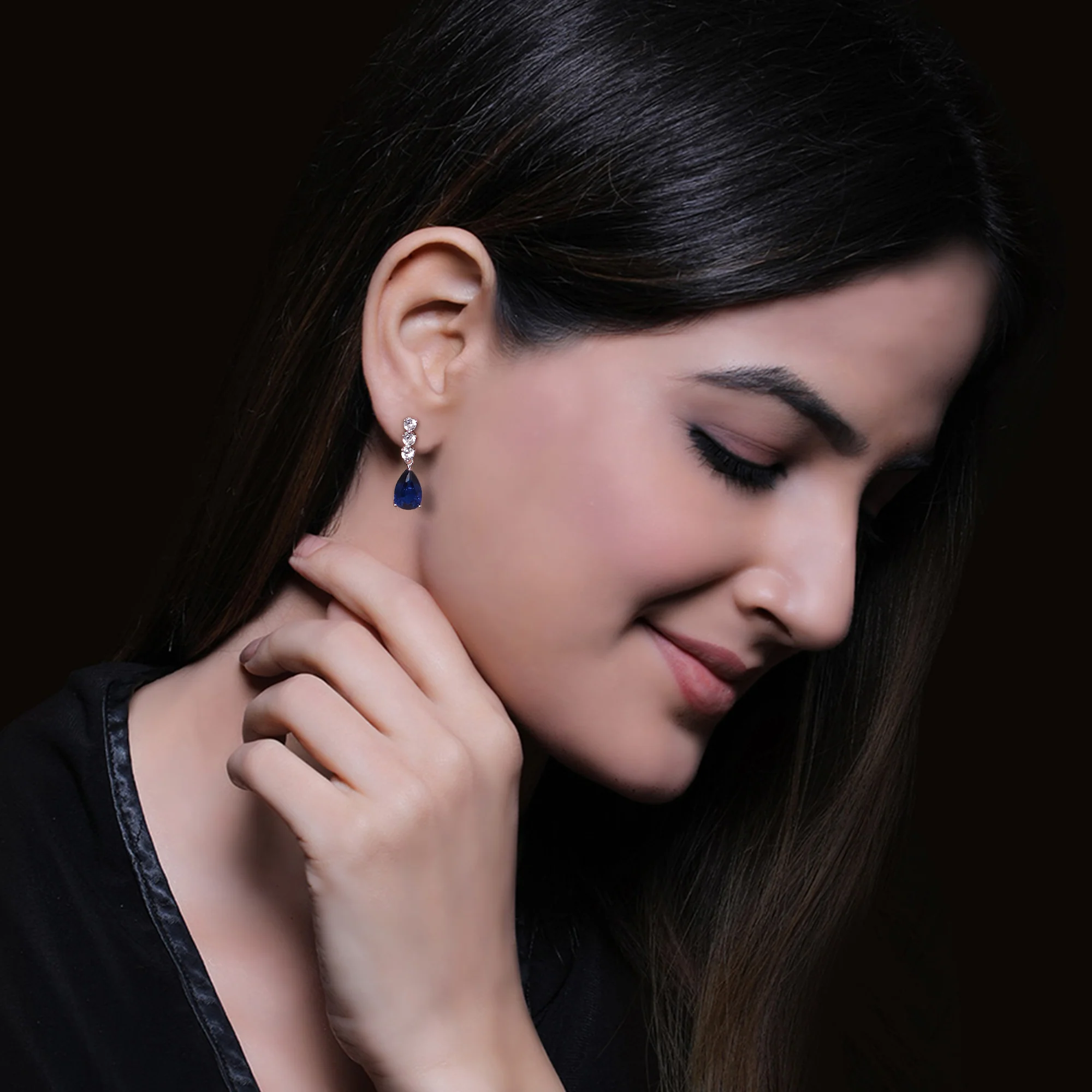 Silver Sapphire Blue Drop Earrings - Image 3
