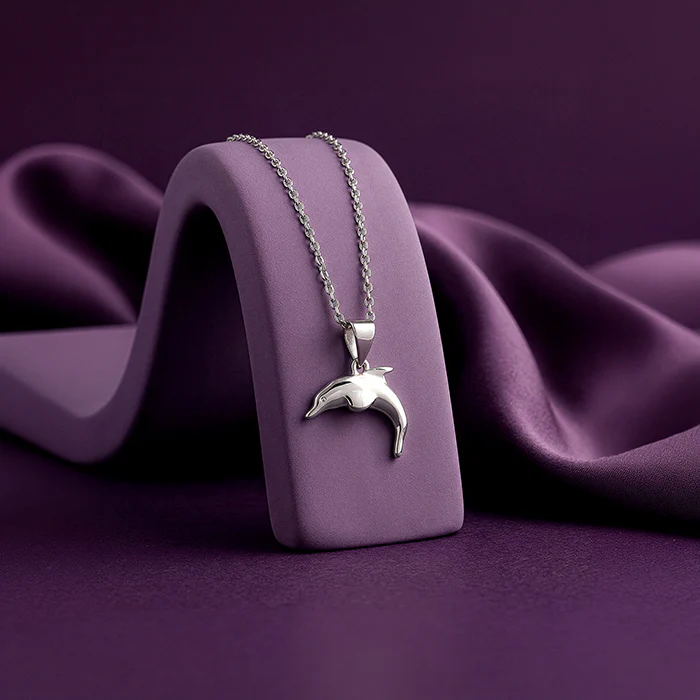 Silver Smiling Dolphin Pendant With Link Chain - Image 2