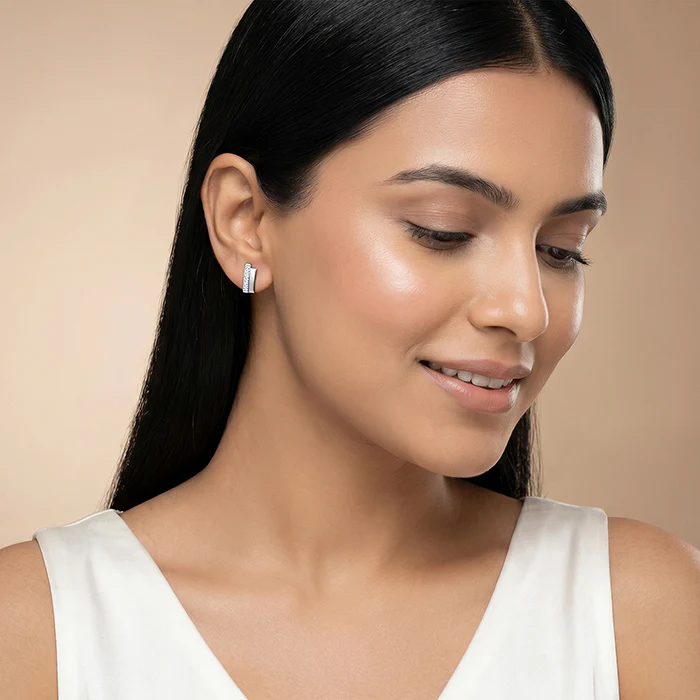 Silver Texture Pave Bar Stud Earrings - Image 3