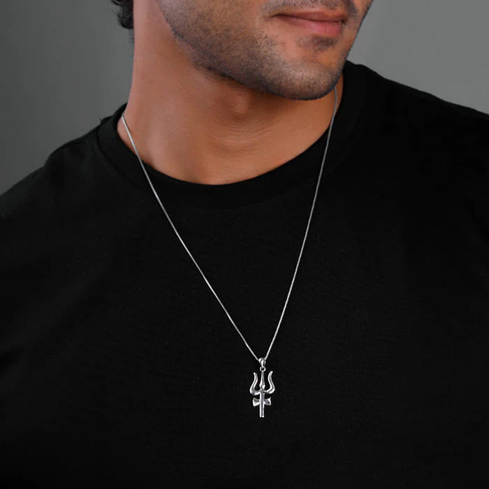 Silver Trident Pendant with Box Chain For Him - Image 3