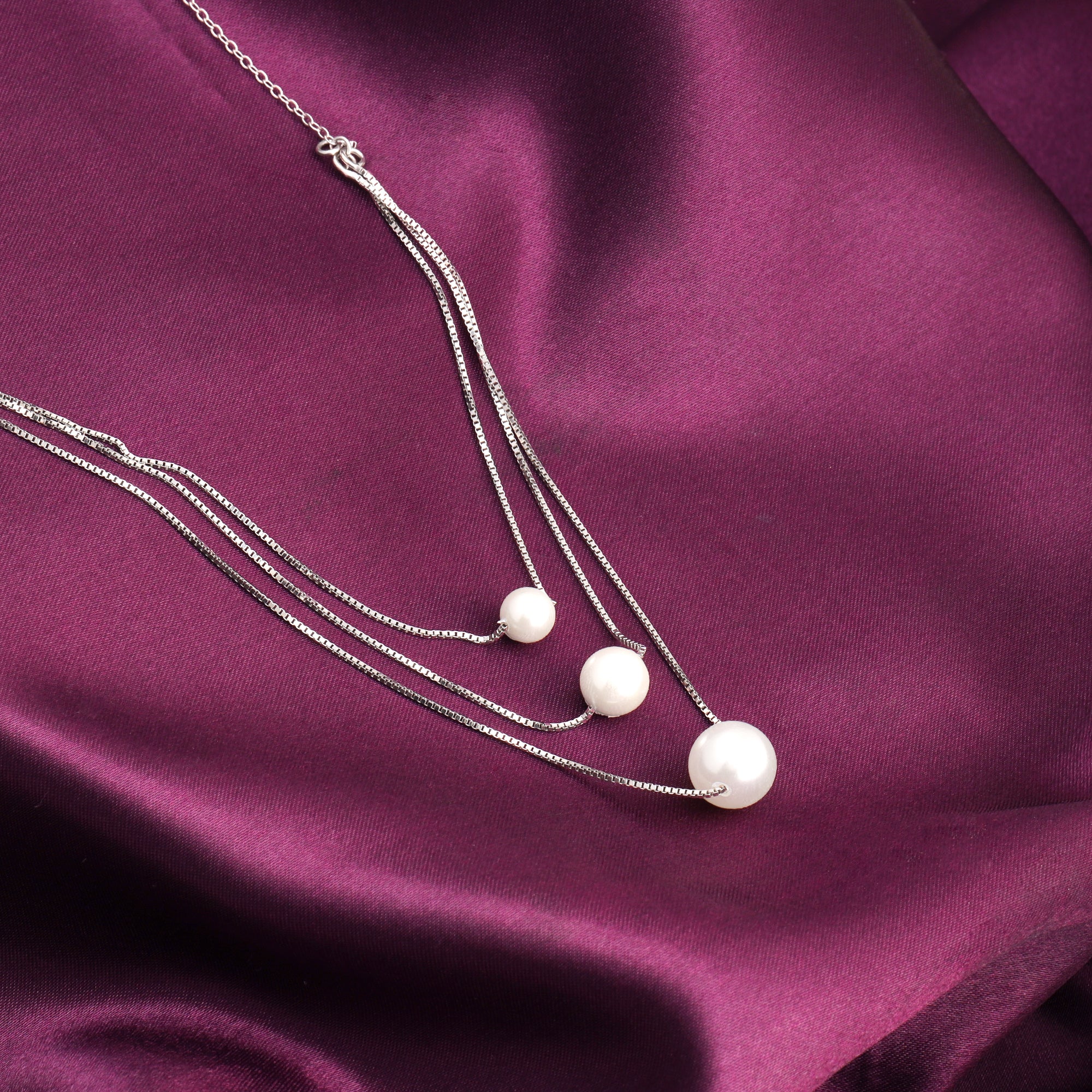 Silver Triple Layer Pearl Necklace With Link Chain - Image 2