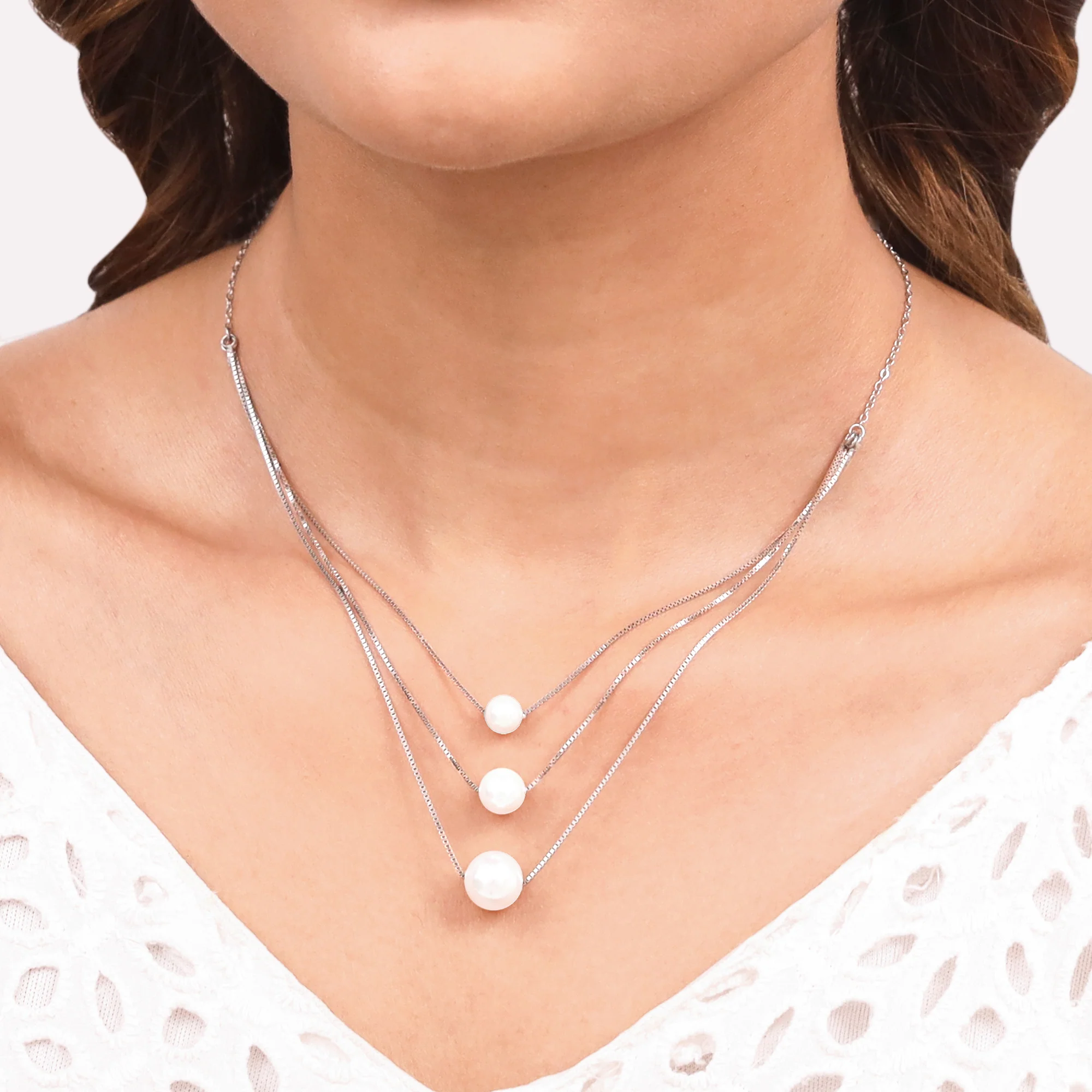 Silver Triple Layer Pearl Necklace With Link Chain - Image 3