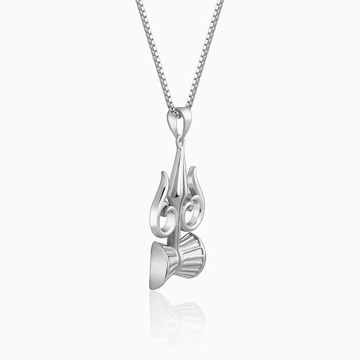 Silver Trishul And Damru Pendant With Box Chain For Him - Image 4
