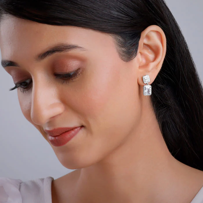 Anushka Sharma Silver Zircon Bold Baguette Earrings - Image 4