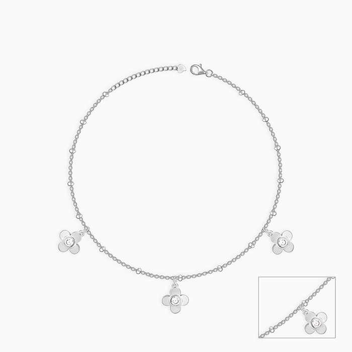 Silver Zircon Clover Charm Anklet - Image 3