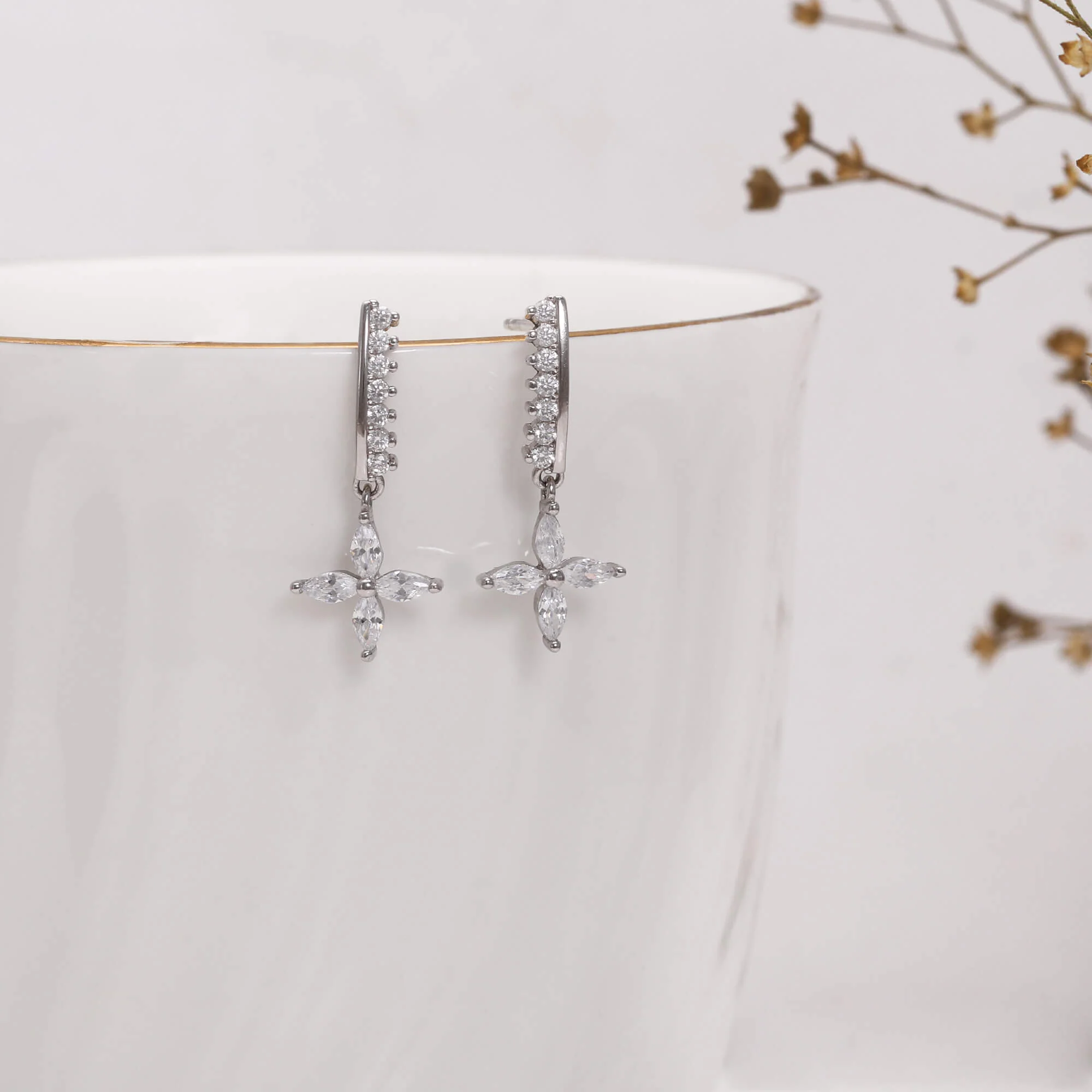 Silver Zircon Floret Drop Earrings - Image 3