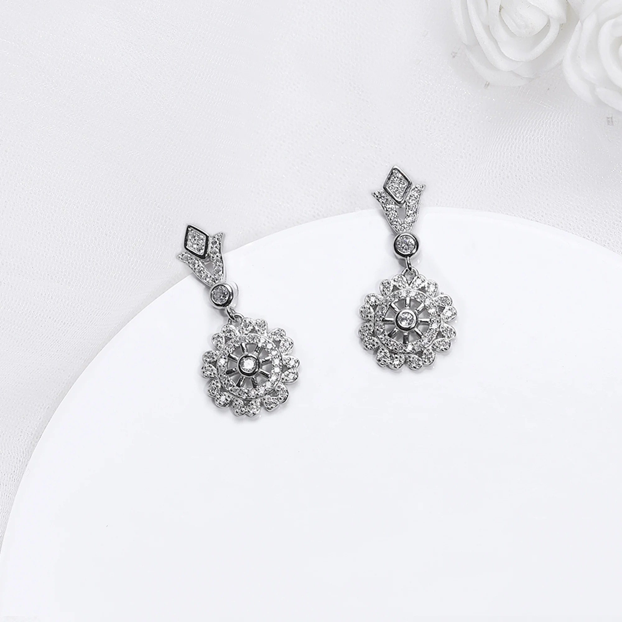 Silver Zircon Flower Drop Earrings - Image 2