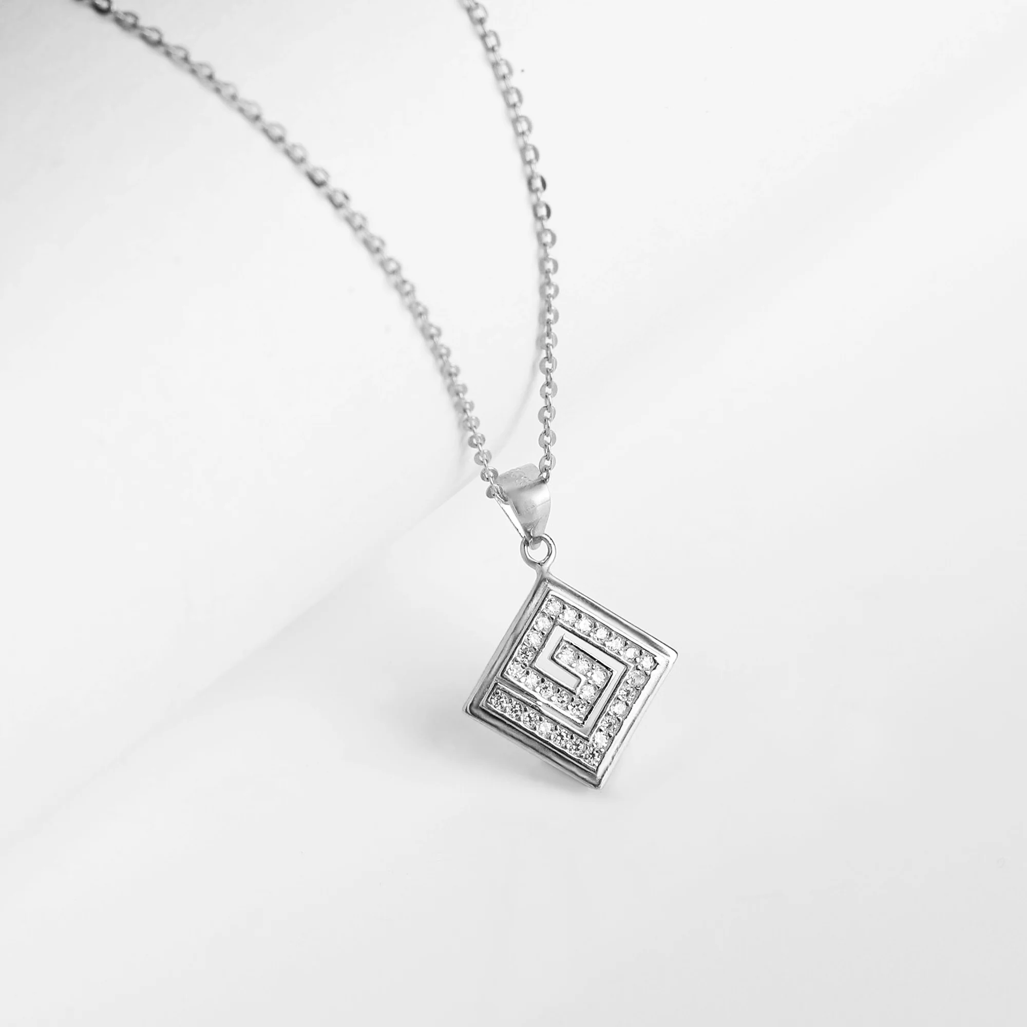 Silver Zircon Maze Pendant with Link Chain - Image 2