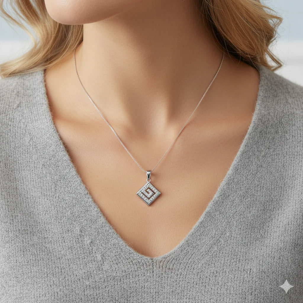 Silver Zircon Maze Pendant with Link Chain - Image 4