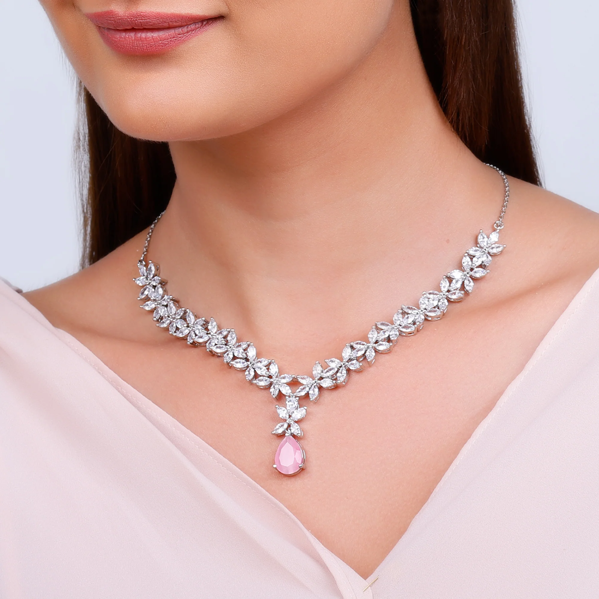 Silver Zircon Studded Magical Drop Necklace - Image 3