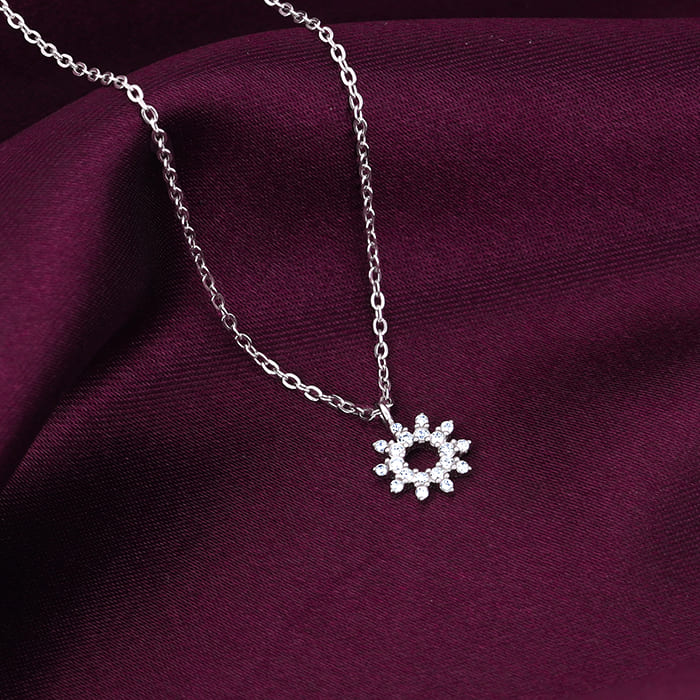 Sliver Sparkling Floral Pendant With Link Chain - Image 2