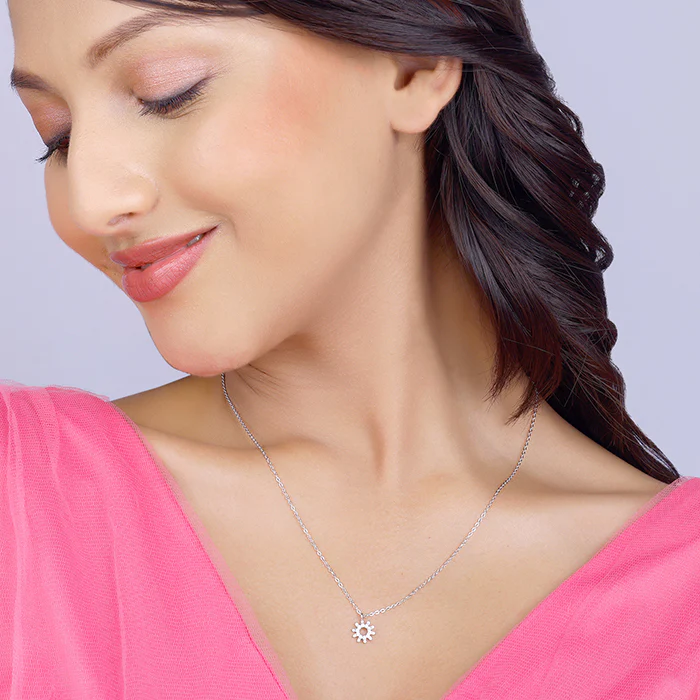 Sliver Sparkling Floral Pendant With Link Chain - Image 3
