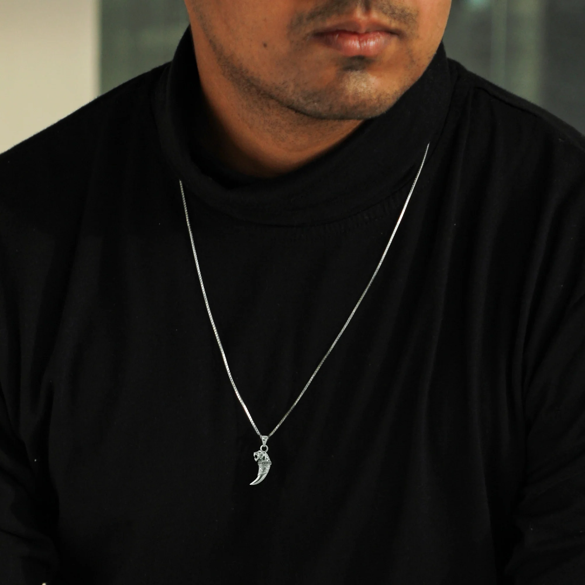 Silver Tiger Tooth Pendant with Link Chain For Him - Image 2