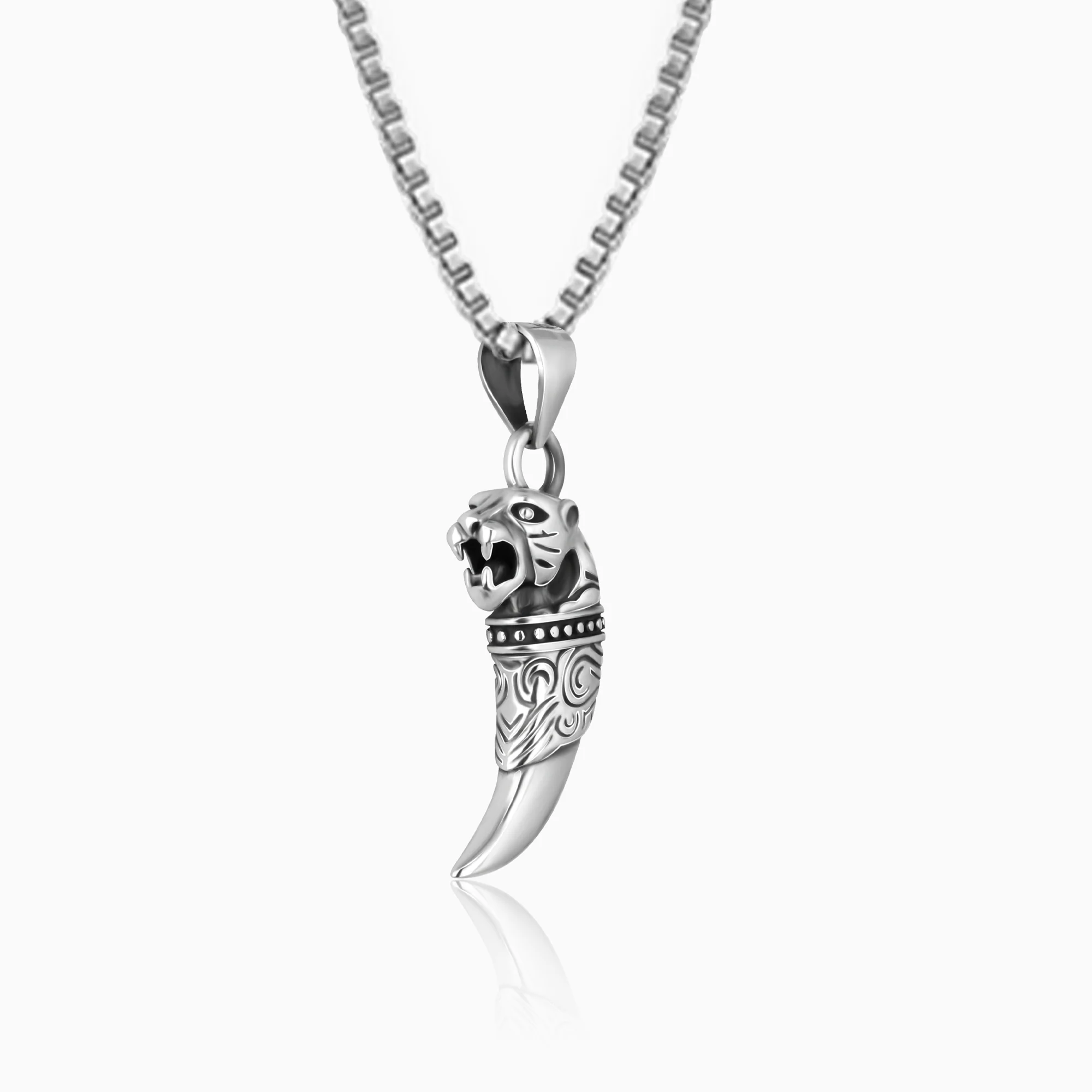 Silver Tiger Tooth Pendant with Link Chain For Him - Image 3