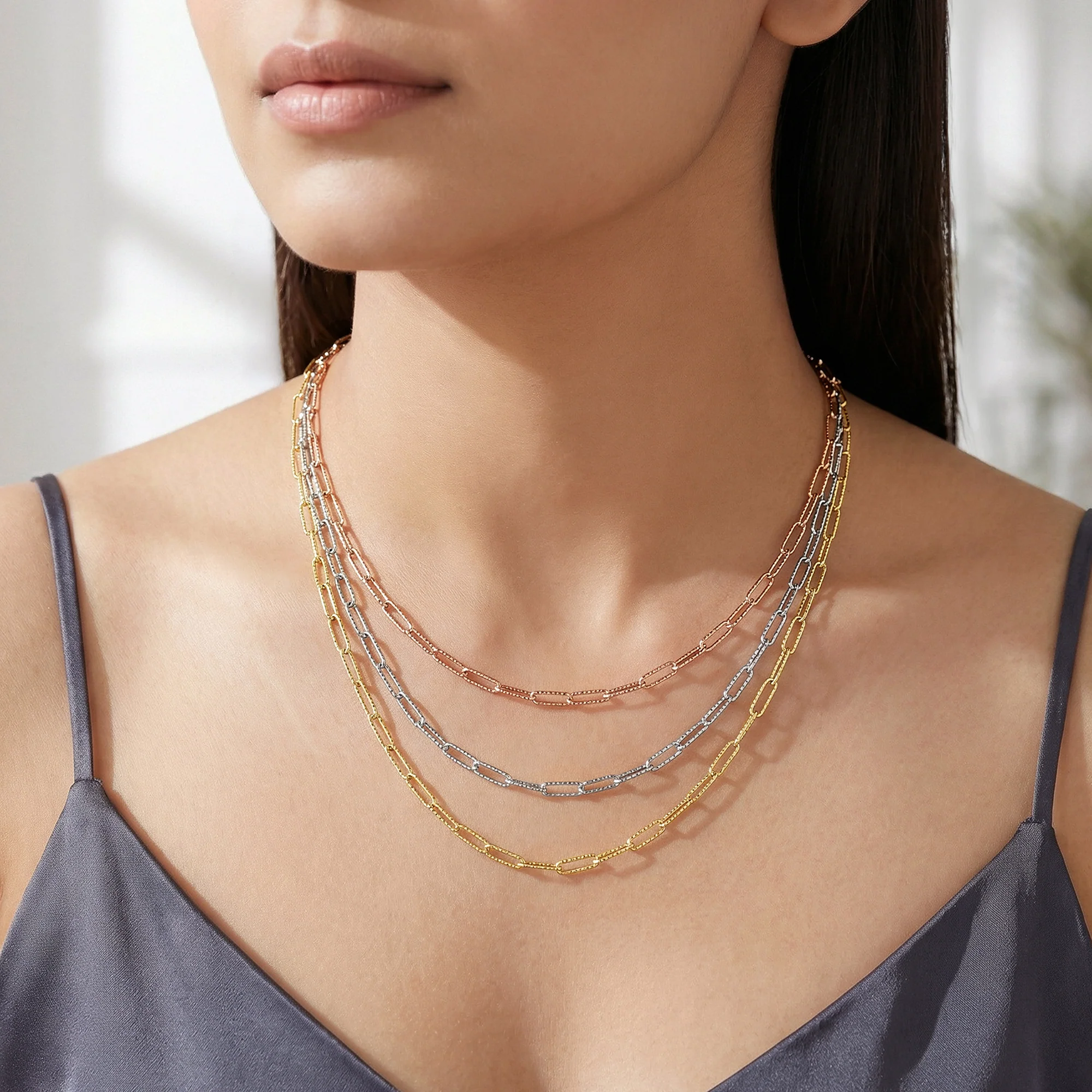 Triple Tone Link Lock Silver Necklace - Image 3