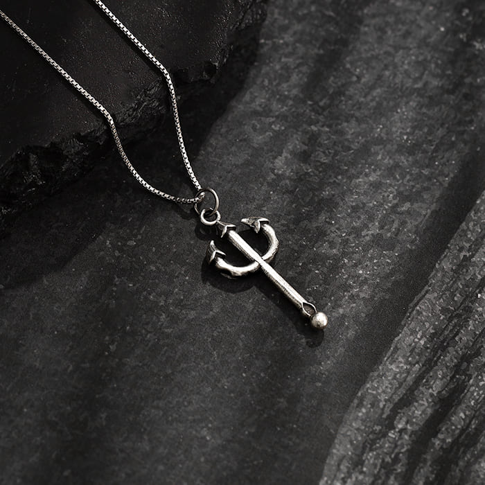 Oxidised Silver Trident Pendant with Box Chain For Him - Image 2